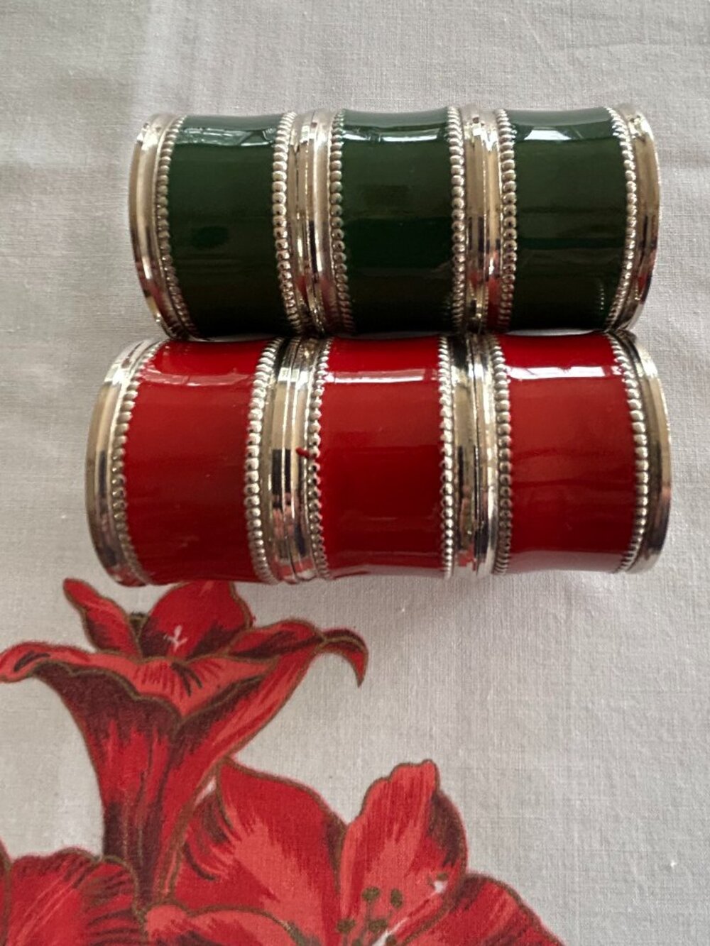 6 Red and Green Enamel and Silver Stainless Napkin Rings Christmas Holiday